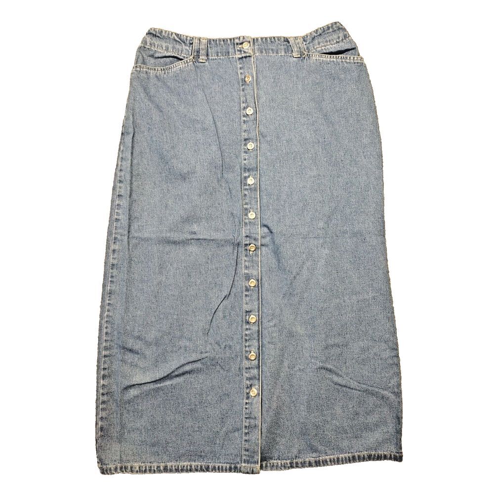 Vintage Jean Skirt Womens Size 14 Blue Denim Maxi Modest 90s Homeschool Buttons - Picture 1 of 8